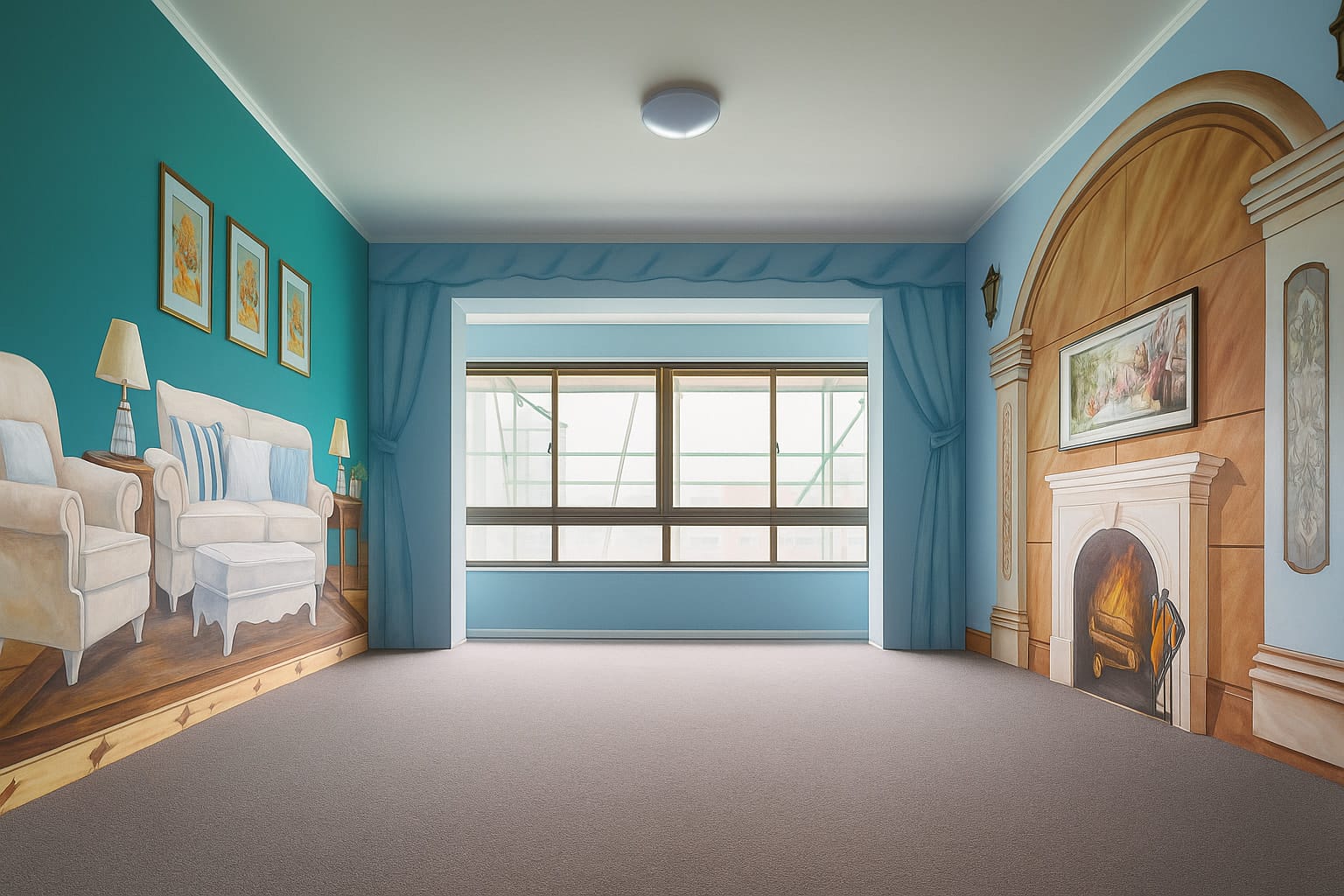 Residential wall mural before and after transformation